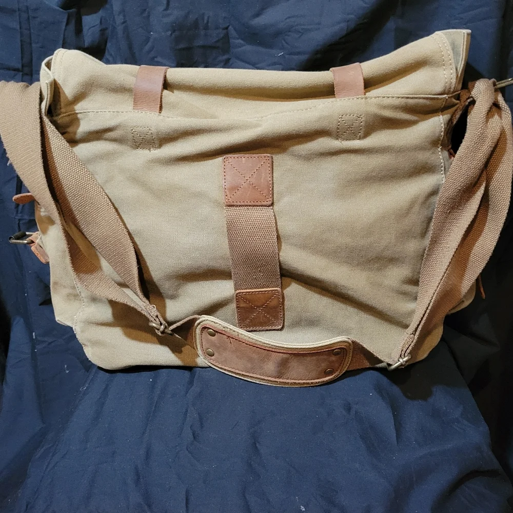 S.C. COTTON Tough Canvas Messenger Shoulder Bag Tan w/Brown Leather Accents